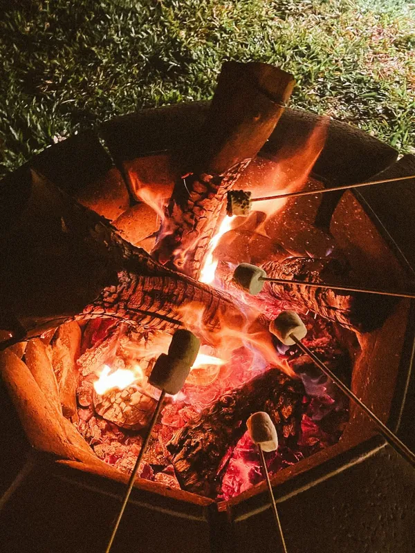 Fogata encendida de noche con malvaviscos en palitos